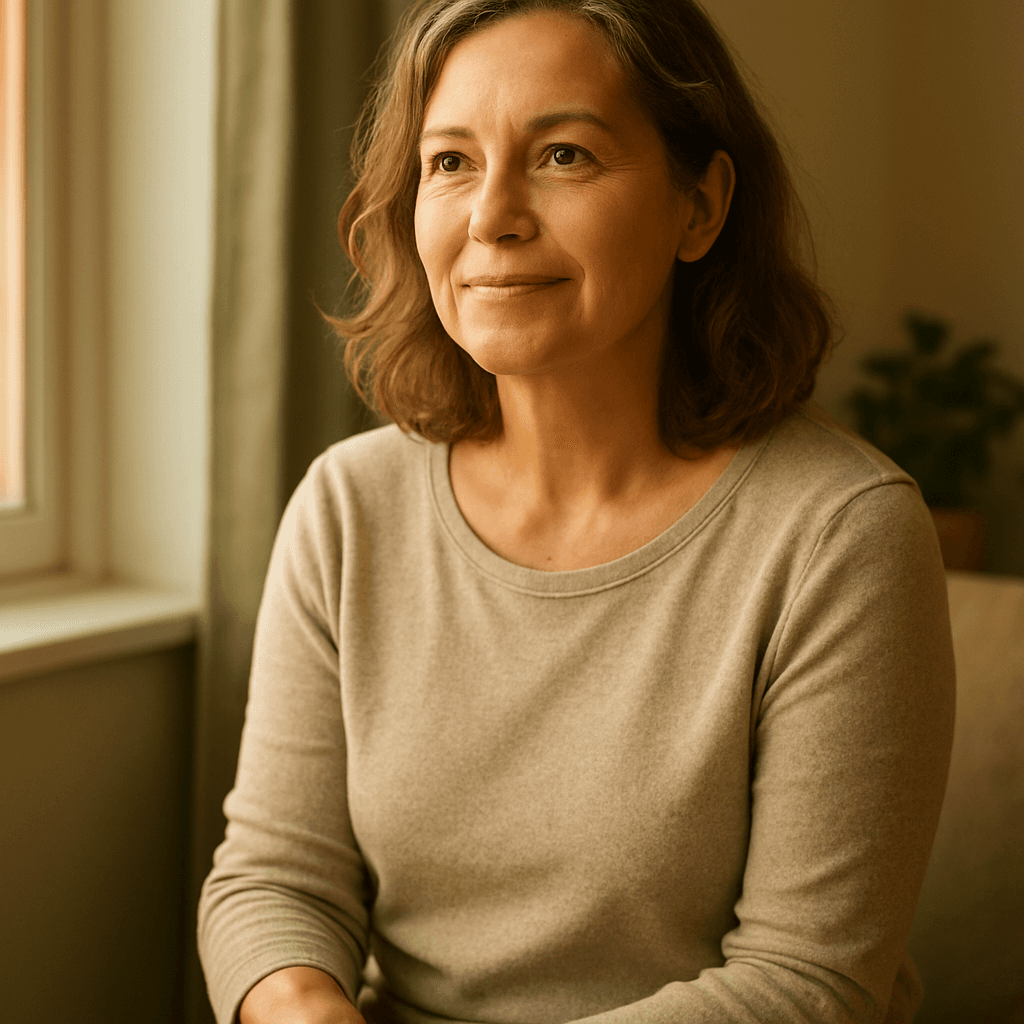 A person resting calmly in warm natural light at home